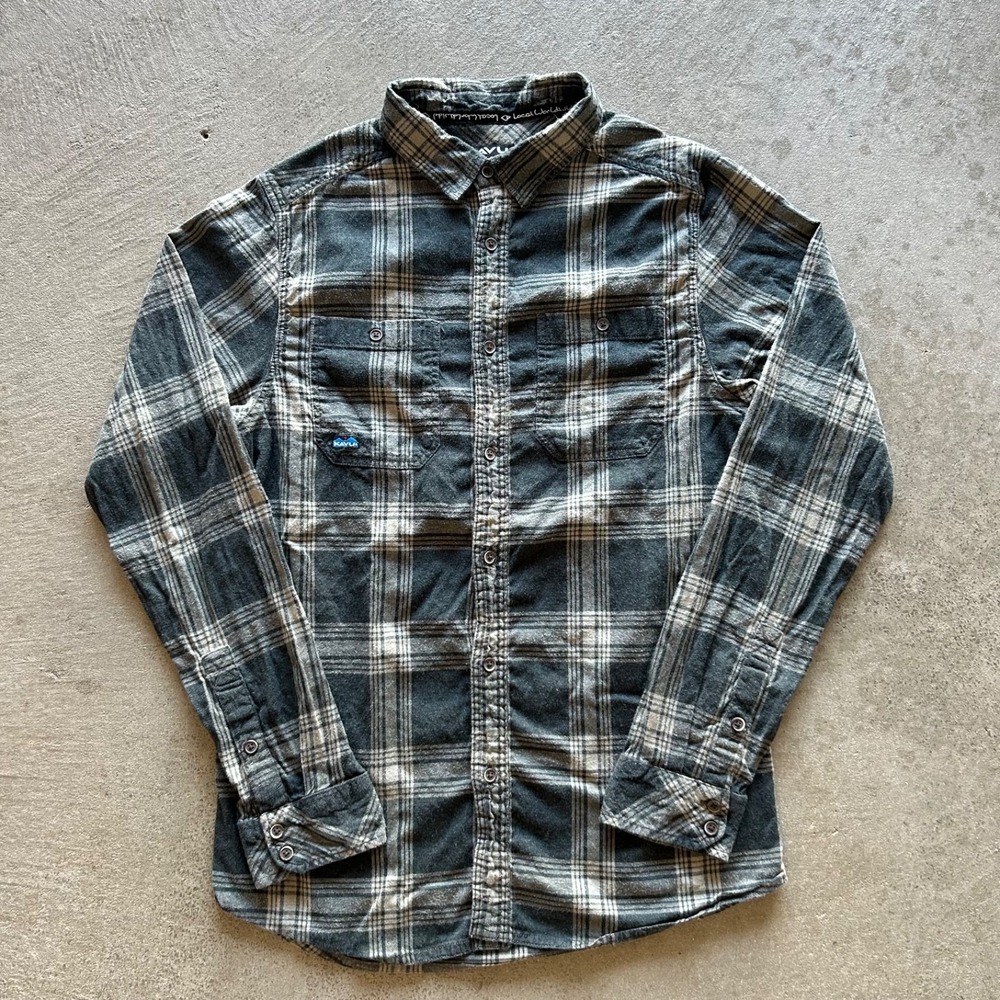 Kavu Klear Above Flannel Shirt Mens Medium Gray Plaid Long Sleeve Button Down